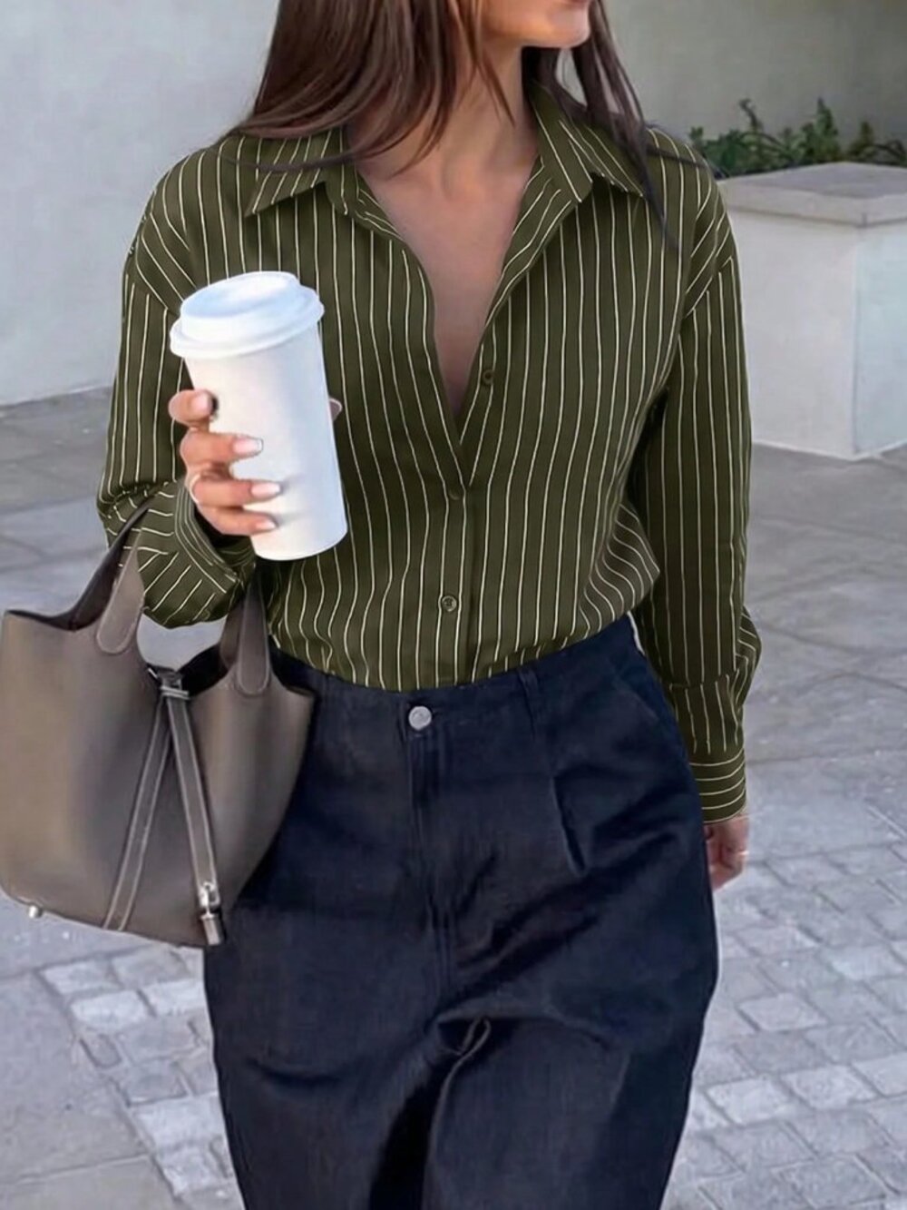 Army Green Casual Women's Striped Drop Shoulder Regular Fit Shirt